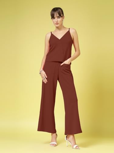 Oomph Women's Stretchable Lycra Top And Trouser Pant Set |Two Piece Co-Ord Set | Wester Wear Regular Fit | Stylish Multipurpose Top - Bottom Pair - Brown