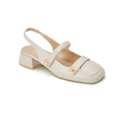 Image of Slingback Mary Jane Heels for Women Low Block Heel Closed Square Toe Pump Shoes Heels Classic Daily Office Dressy Shoes