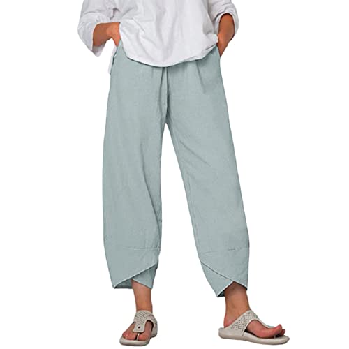 Image of Cotton Linen Capri Pants for Women 2025 Casual Printed Cropped Palazzo Pants Elastic Waist Lounge Baggy Trousers