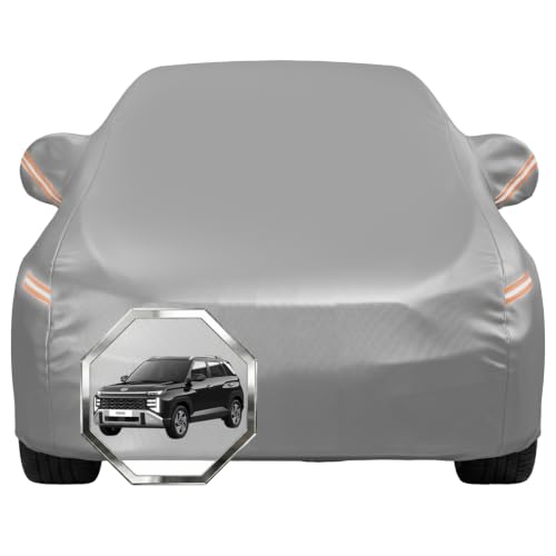 Image of Pivalo Car Cover for Hyundai Venue All Model & Years with Mirror Pocket 100% Waterproof Triple Stitched Bottom Elastic Dust, Heat & UV Resistant Full Body Protection (Grey with Highlighter)