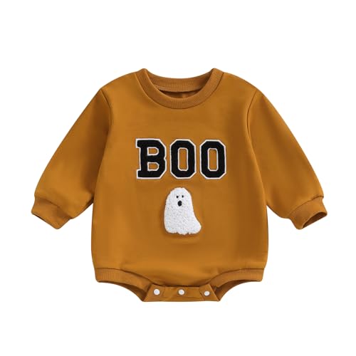 Image of BULINGNA Newborn Infant Baby Boy Girl Halloween Outfit Boo Ghost Embroidery Romper Bubble Oversized Sweatshirt Fall Clothes