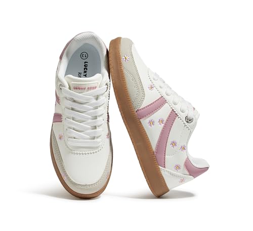 LUCKY STEP Kids Classic Retro Tennis Sneakers Fashion Gum Sole Casual Floral Embroidery Walking Shoes for Big&Little Kid and Toddler(White/Pink,Big Kid 4)
