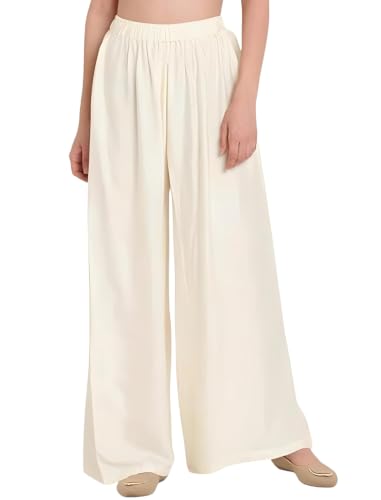 Image of FASHION GALLERY Women's Solid Rayon Palazzo Pants | Relaxed Fit Full Length Wide Leg Palazzo | Elastic Waist Comfortable Casual Lounge Office Ethnic Flared Trousers for Women