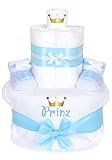 Trend Mama Windeltorte Prinz -hochwertig verpackt im Geschenkkarton- hellblau Junge Babysocken Sneaker Style + bedrucktes Lätzchen - Prinz mit goldener Krone