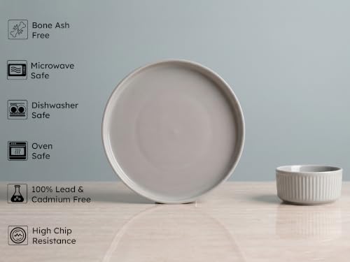 Image of Bodhi House 12-Piece Ribbed Porcelain Dinner Set for 6, 6 Dinner Plates & 6 Katori, Chip Resistant, Lightweight, Microwave & Dishwasher Safe Crockery Set for Home, Dining & Gifting, Pearl Grey