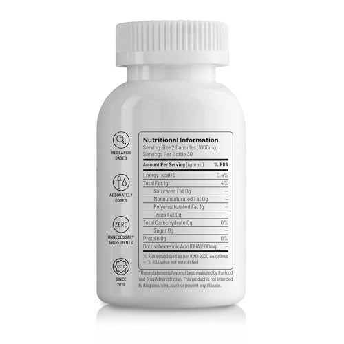 Image of Unived OVEGHA Plant-Based Omega-3 DHA | 1000mg Algae Oil 500mg DHA Per Serving | for Heart, Hair, Skin, Joint, Brain & Eye Health | 60 Vegan Capsules