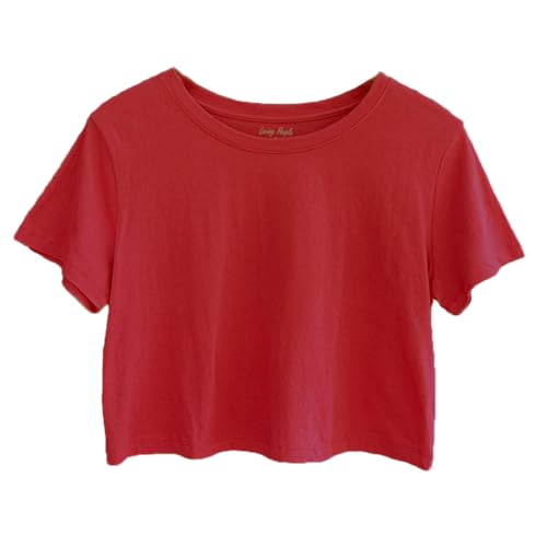 Image of Womens 100% Cotton Crop Tops Short Sleeve Crewneck Loose Fit Basic Tee Summer Casual Workout T-Shirt Fashion Clothes