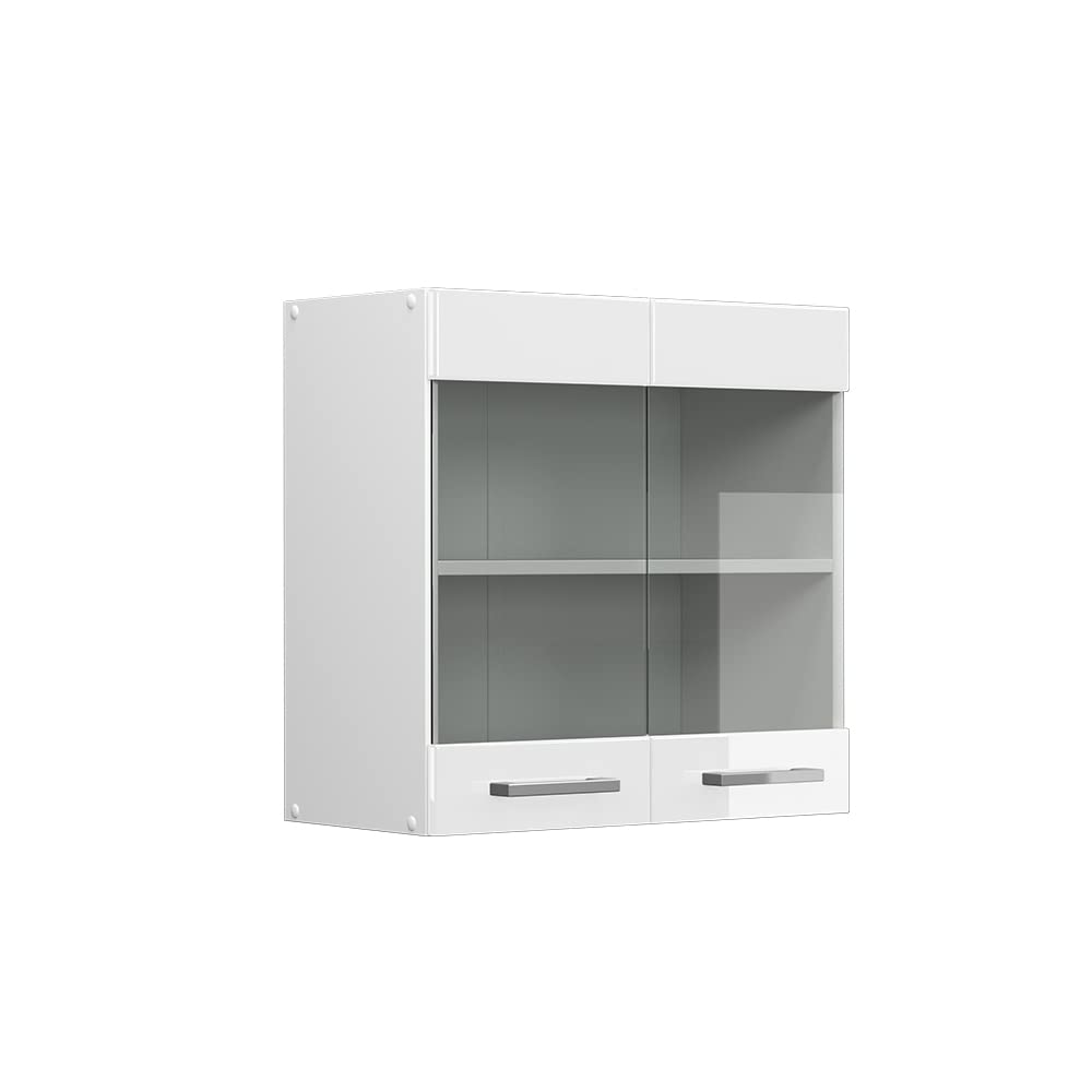 Vicco Armario de Cocina con Vidrio R-Line, Blanco Alto Brillo, 60 cm, para combinación Libre Dentro de Sistemas de Cocina modulares