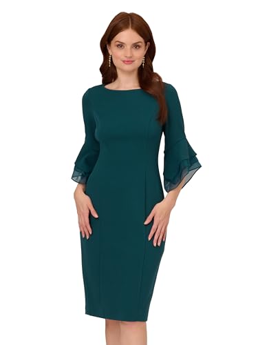 Image of Adrianna Papell Stretch Knit Crepe Sheath Dress with Tiered Organza Bell Sleeve