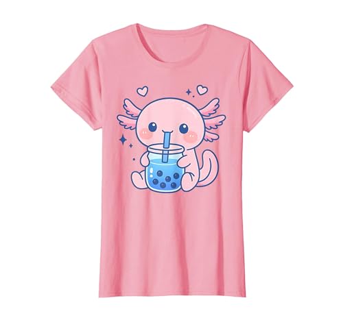 Kawaii Axolotl Drinking Boba Tea Cute Bubble Tea T-Shirt, Women, Pink, XX-Large