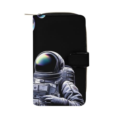 Novelty Trippy Space Bubble Astronaut Art Wallet with Snap Fastener, Lightweight Waterproof Purse for Daily Use, 12 Card Slots and Compartments, Large Capacity Travel Wallets