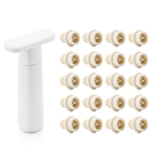 Image of WOTOR Wine Saver Vacuum Pump with 20 Stoppers, Wine Stopper & Preserver, Reusable Bottle Sealer Keeps Fresh, Ideal Accessories Gift, Flat Handle (White)