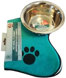 Greenbrier Green Pet Bowl Placemat and Blue Stainless Steel Dog Food Bowl with Paw Prints, Set of 2