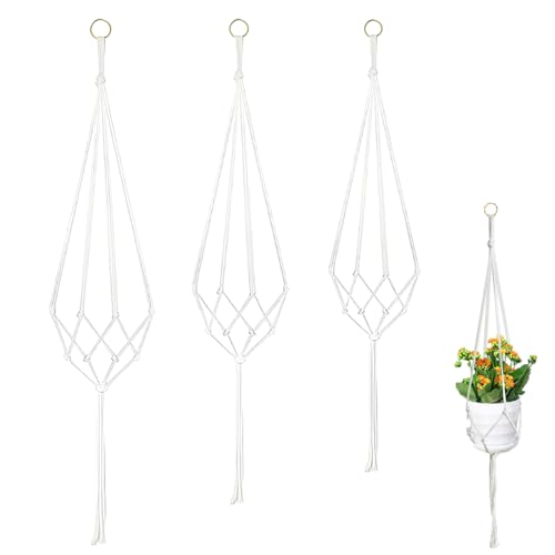 YIPFEN 3 Pezzi Portavasi Macramè con 3 Ganci a S per Interni, Esterni, Soffitti, Balcone, Parete (60cm, 80cm, 100cm)
