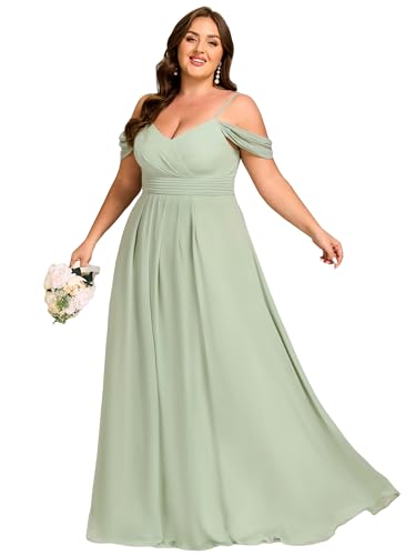 Image of Ever-Pretty Plus Women's V Neck A Line Off Shoulder Sleeveless Chiffon Pleated Floor Length Plus Size Bridesmaid Dresses