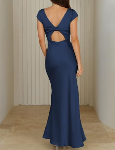 Image of Halfisland Womens Summer Satin V Neck Cap Sleeve Midi Dress Wedding Guest | 2026 Summer,Backless,Hollow Out,Long,Formal,Cocktail,Twist,Bridesmaid,Party,Baby Shower,Short Sleeve,Beach,Elegant,Evening