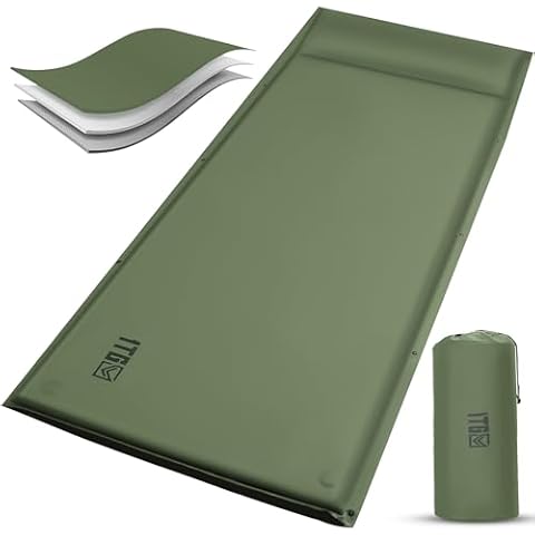 1TG Tactical Self Inflating Sleeping Pad for Camping, Insulated Inflatable Camping Mattress for Winter, with Pillow, Dual Valves, Memory Foam, Sleeping Mat for Backpacking, Hammock, Tents, Floor Cover