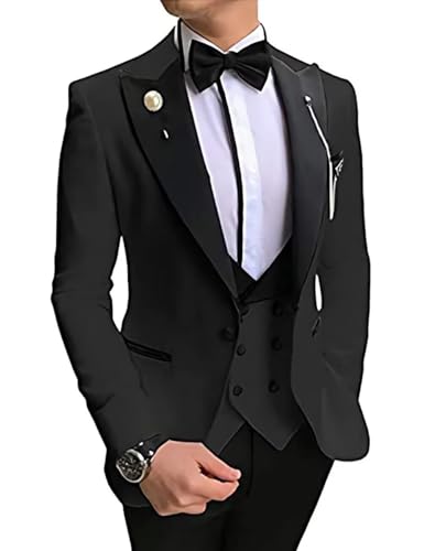 Wangyue Men's Tuxedo Slim Fit 3 Piece Suit Formal Wedding Suit One Button Jacket Vest & Trousers with Bow Tie