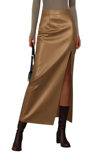 PRETTYGARDEN Womens Faux Leather Skirts 2025 Fall Fashion Bodycon High Waisted Slit Work Office Winter Maxi Long Pencil Skirt