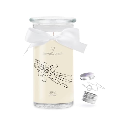 JuwelKerze Creamy Vanilla Armband Silber - Schmuckkerze 80 Std - große Duftkerze mit Orientalischem Duft - beige Kerze mit Schmuck Überraschung - Geschenke für Frauen, Geburtstag