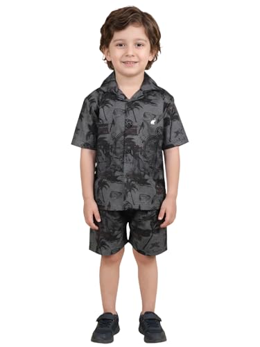 Image of POLKA TOTS Cotton Boys Summer T-shirts and Shorts Combo Set | Premium Printed Shirt & Shorts Combo | Relaxed Fit | Summer Toddler Outfit for Kids | Co-Ord Set For Boys | Tropical Print | Black 4-5 Y