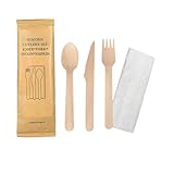 100 kits de couverts 4 en 1 jetables en bois fourchettes + couteaux + cuillères +serviettes