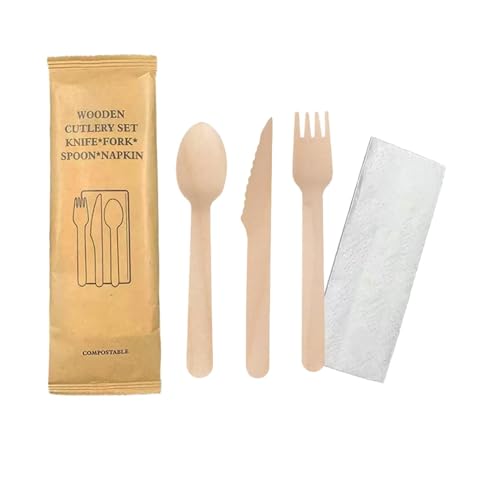 100 kits de couverts 4 en 1 jetables en bois fourchettes + couteaux + cuillères +serviettes