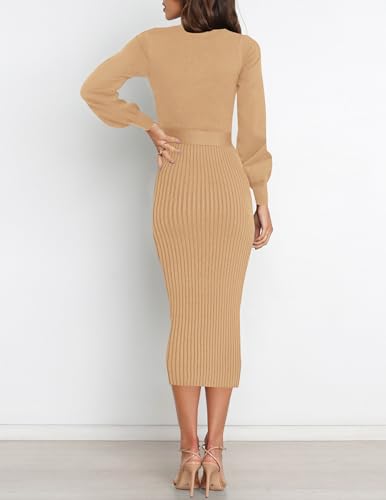 Image of HAEOF Womens 2026 Fall Midi Sweater Dress Winter Puff Long Sleeve Bodycon Ribbed Knit Trendy Business Casual Work Dresses
