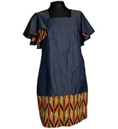 Ankara Denim Dress for Women, Handmade Authentic African Wax Print (Small, Ruffle Wax Print Sleev...