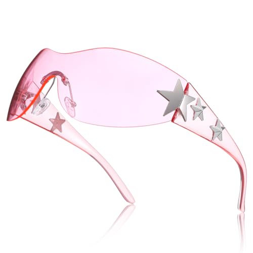 Heclia Y2K   Lentes de sol para mujeres y hombres, lentes de sol envolventes de moda, lentes de sol grandes sin montura para conducir, ir de compras, ciclismo al aire libre, 2000S, Pink, 5.5 x 2