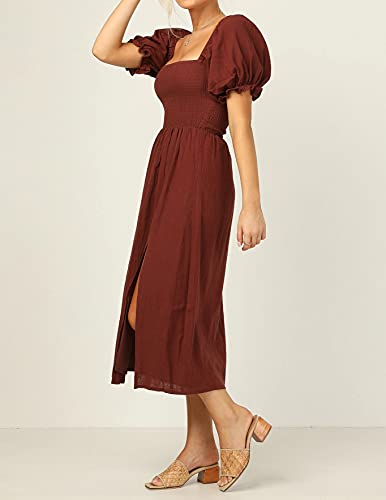 R.Vivimos Summer Dress for Women Cotton Plaid Puff Sleeves Casual Off-Shoulder Boho Side Slit Midi Dress3