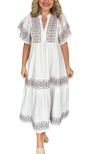 Image of chouyatou Women's Summer Printed Floral Dress Casual Notch Neck Cotton Midi Long Mexican Tunic Dress