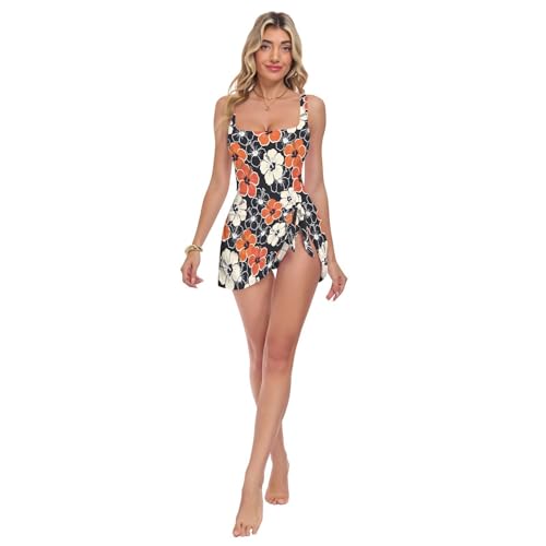 Maillot de bain une pièce bretelles larges anti-douleur motif floral tropical femme noir orange