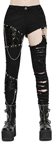 Punk Pants for Women Plus Size Heavy Metal Rock Jeans Black Hole Tight Streetwear Pants, XL
