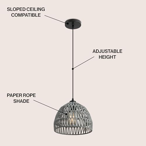 Image of JONATHAN Y 10.25 inch Gray Modern Bohemian Woven Rope LED Pendant Light Fixture, Adjustable Dome Ceiling Lamp for Kitchen Island, Rope Shade, Coastal Farmhouse Decor (JYL6513D)
