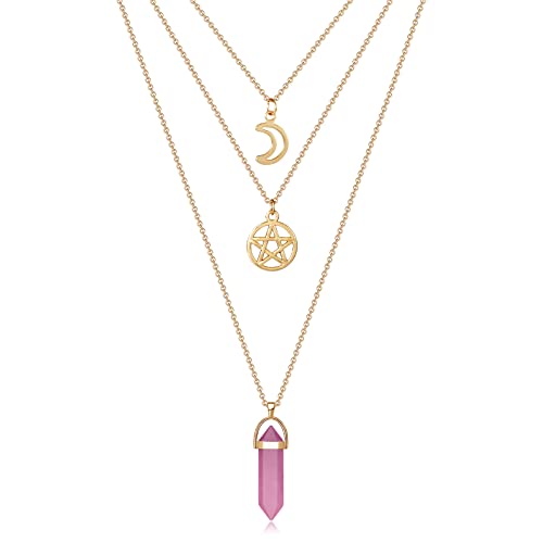 MJartoria Moon Pentagram Necklace Pentacle Crystal Chakra Necklace Charm Pendant Multi Layered Necklaces for Women Choker Necklace Gothic Jewelry Goth Accessories Set