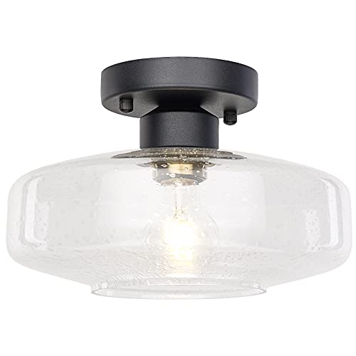 HUAWIYA Semi Mount Ceiling Light, 10.24 Inch Seeded Glass Shade, Brass Accent,Matte Black Light Fixtures Ceiling for Hallway, Entryway, Passway,Bathroom,Bedroom