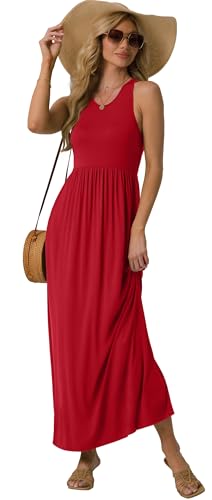 GRECERELLE Women's Summer Sleeveless Casual Long Tank Maxi Dress with Pockets, Red, M