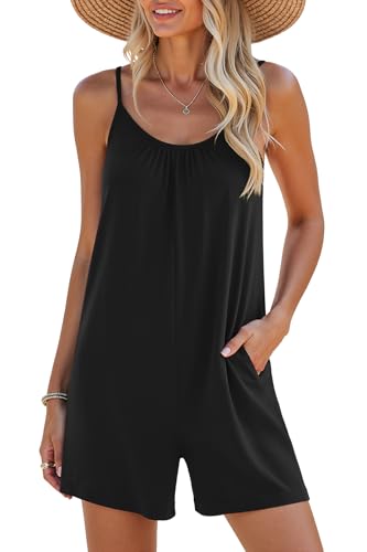 BEIGAI Damen Latzhose Kurz Jumpsuit Sommer Arbeitshose Elegant Lässiger Ärmellos Locker Träger Overall Einteiler Sexy Romper Spagettiträger Playsuit Hosenanzug mit Große Taschen,Schwarz,XXL
