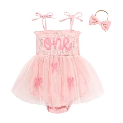TITKKOP Baby Girl 1st Birthday Clothes One Year Old Tulle Romper Sleeveless Bodysuit Cake Smash Outfits(pink7 12-18M)