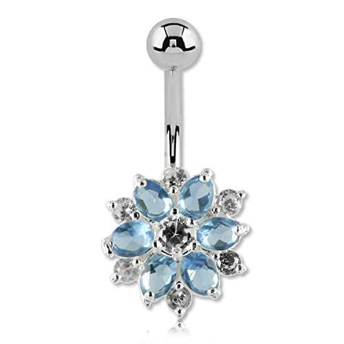INOKI - Banane de Nombril Argent Cristal de Swarovski Fleur - Jonc/Tige 1.6 mm, Long. int. 8 mm, Boule 5 mm - Aiguemarine