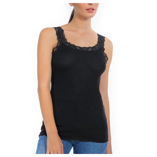 Damen Unterhemd TankTop Merinowolle Seide (L/XL, schwarz)