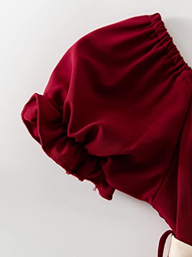 Toddler Baby Girls Flower Print Dress Bubble Sleeve Patchwork Tie Straps Sundress Birthday Party Dresses4