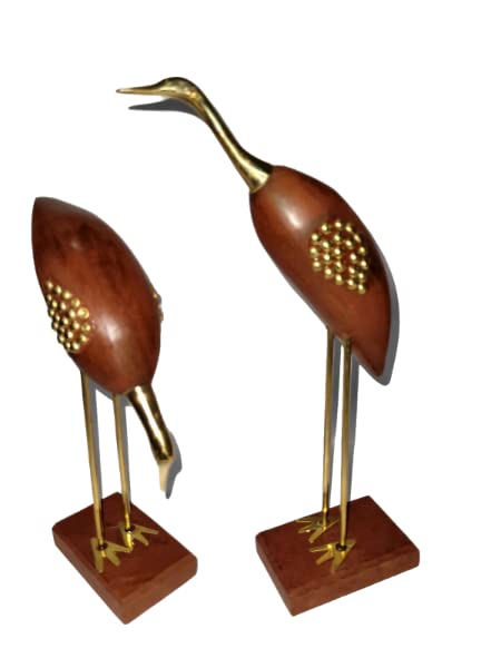 Geetastik Wooden and Brass Saras,Wooden Antique Decorative Saras Swan Crane Love Birds Showpiece Home Decor - Set of 2, Size:- Big(5 x 9 x 29cm) and Small(5 x 9 x 20cm)(Pair)