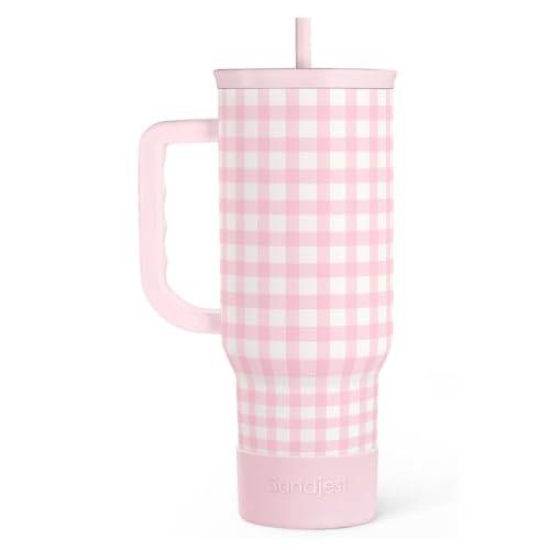 Image of SANDJEST Pink Gingham 40oz Slider Tumbler with Handle and Straw - Insulated Stainless Steel Travel Coffee Mug for Women Girls, Gift for Birthday, Christmas