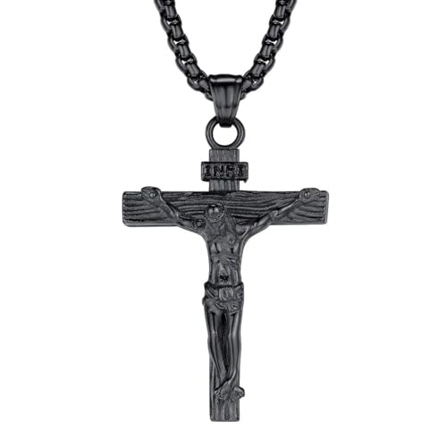 FaithHeart Cross Necklace for Men, Silver/Black/Gold Crucifix Necklace Stainless Steel Pendant with Cuban Chain Jesus Cross Necklaces Religious Gifts for Men Pendant Chain Length 22inch 03.
