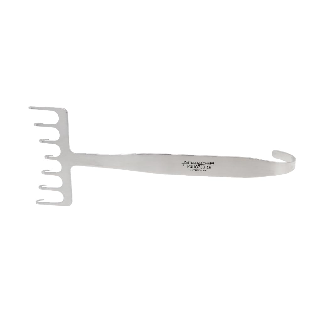 Coronal Brow Lift Surgical Retractor, 7 Prongs, 70 mm Blade Width, 18 cm Length, Front & Reverse Grip, Reusable Stainless Steel Instrument - Stellmacher (Front Grip)