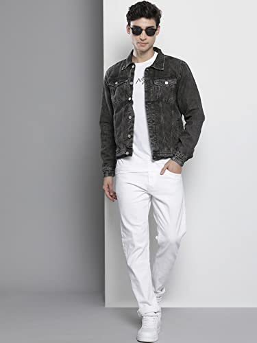 Image of The Indian Garage Co Men Blue Slim Fit Solid Denim Trucker Jacket