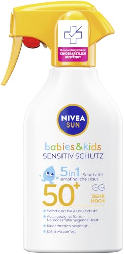 NIVEA SUN Babies & Kids Sensitiv Schutz 5in1 Sonnenmilch LSF 50+, extra wasserfestes Sonnenlotion als Spray mit LSF 50+, Sonnencreme für Kinder ohne Parfüm (250 ml)