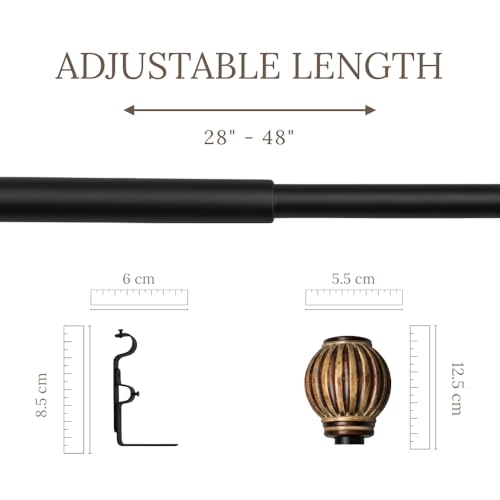Image of 28 inch-48 inch Adjustable Double Curtain Rod For Door & Windows With Brackets Set Curtains Hanging Extendable Iron Metal Pipe Holder With Pomp Wood Finial (Black, 0.75 inch Diameter)